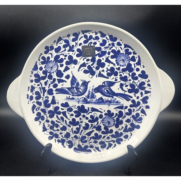 Nova Deruta Italian BLUE BIRD 12" Round Handled Cake Plate/ Serving Platter NEW - Picture 1 of 9